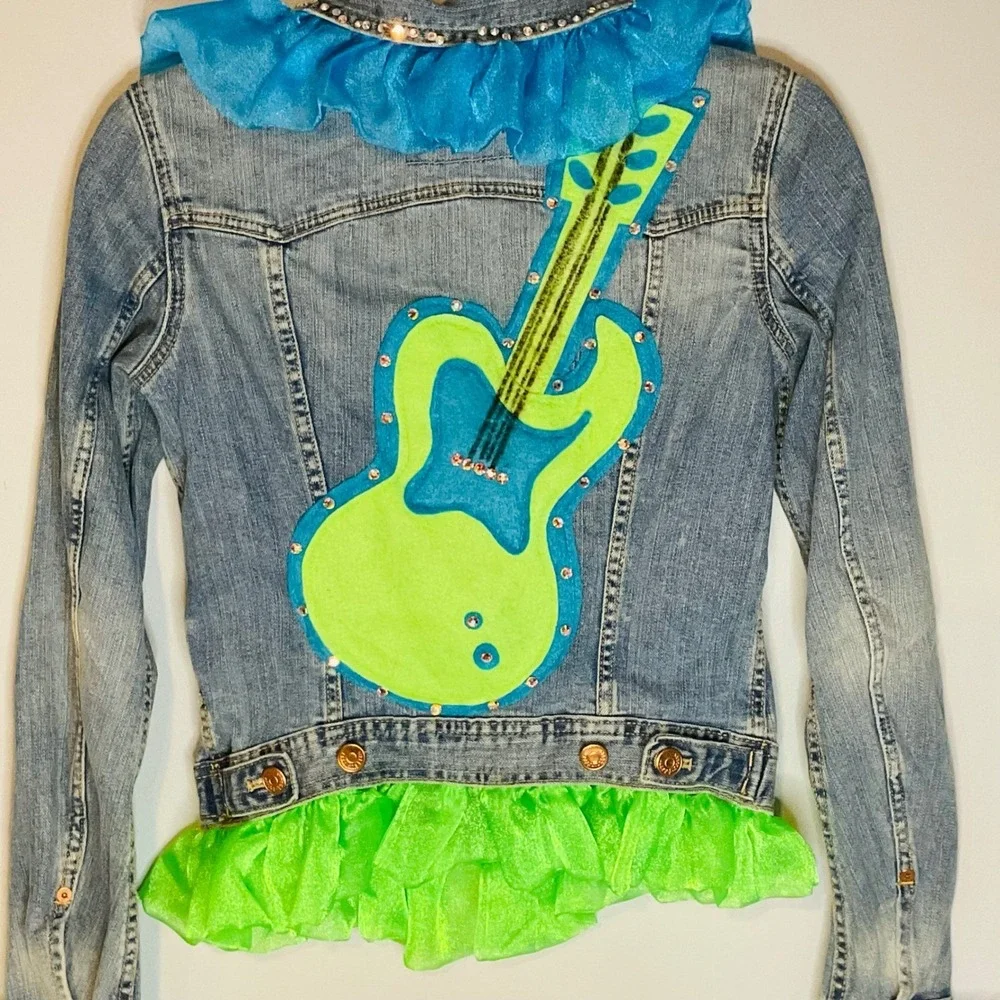 &NOW women's embellished Y2K pop star denim Jean jacket Upcycled sz 4 ruffle DIY